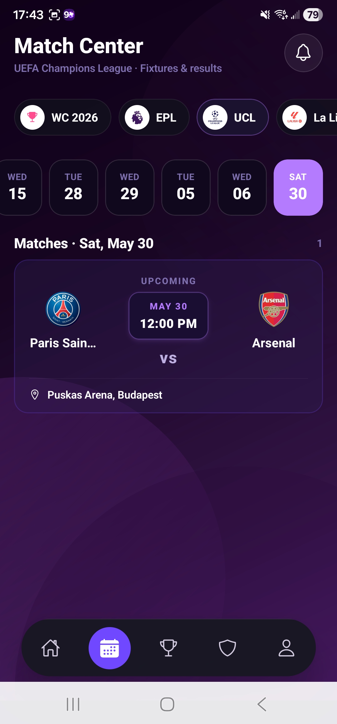 Champions League fixtures screen