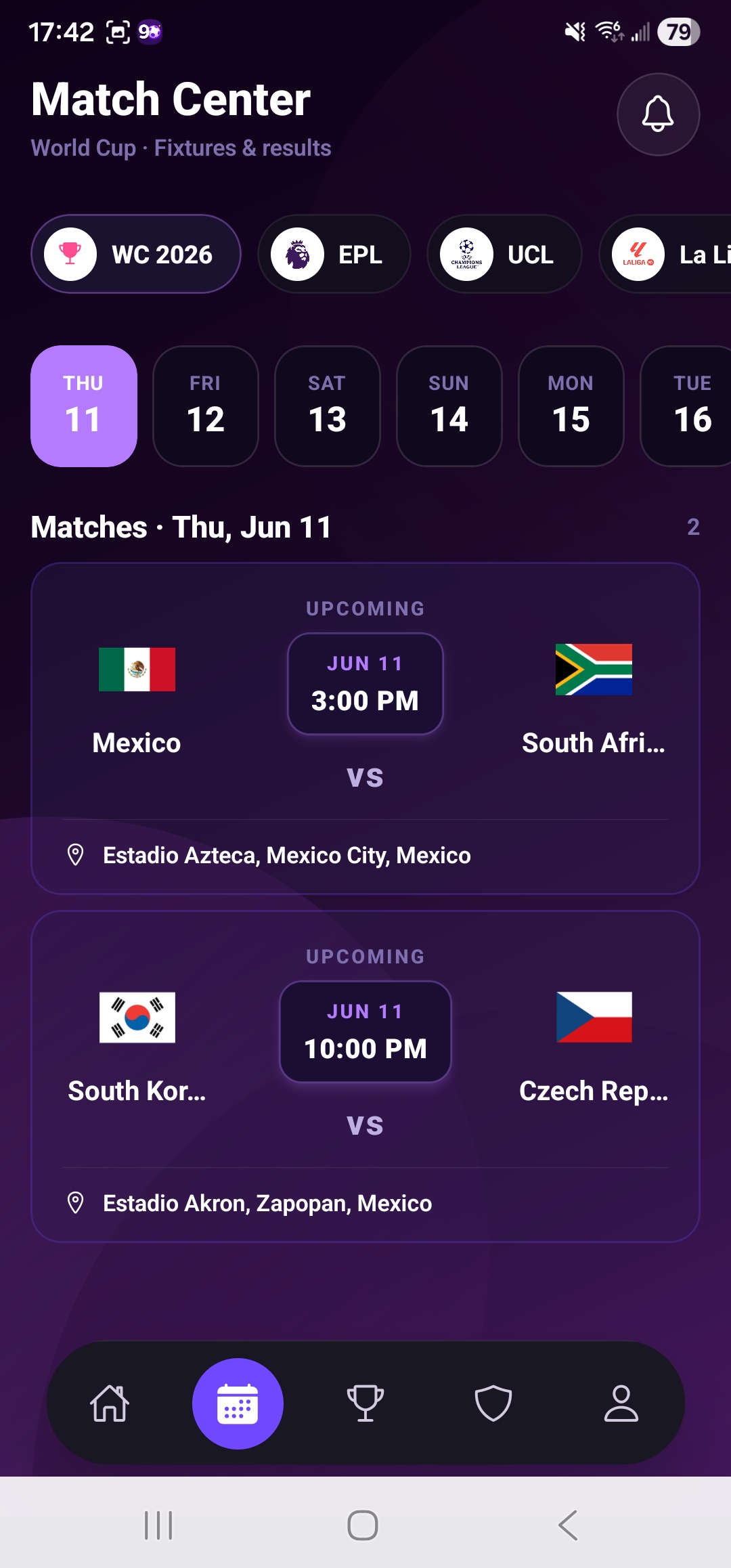Match Center fixtures screen