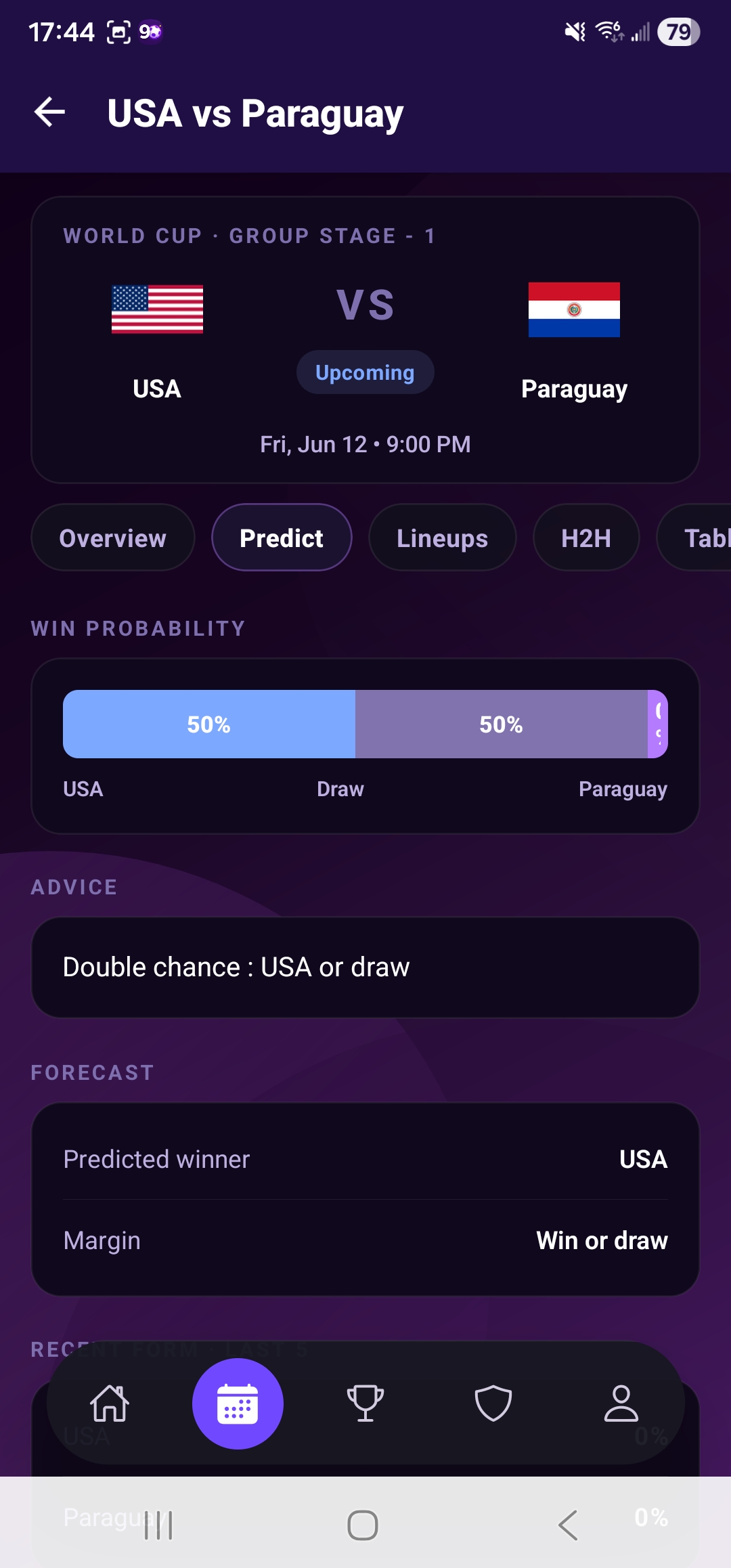 Predict tab screen